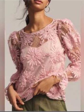 Eva Franco Anthropologie Delicate Pink Lace Floral Long-Sleeve Top.